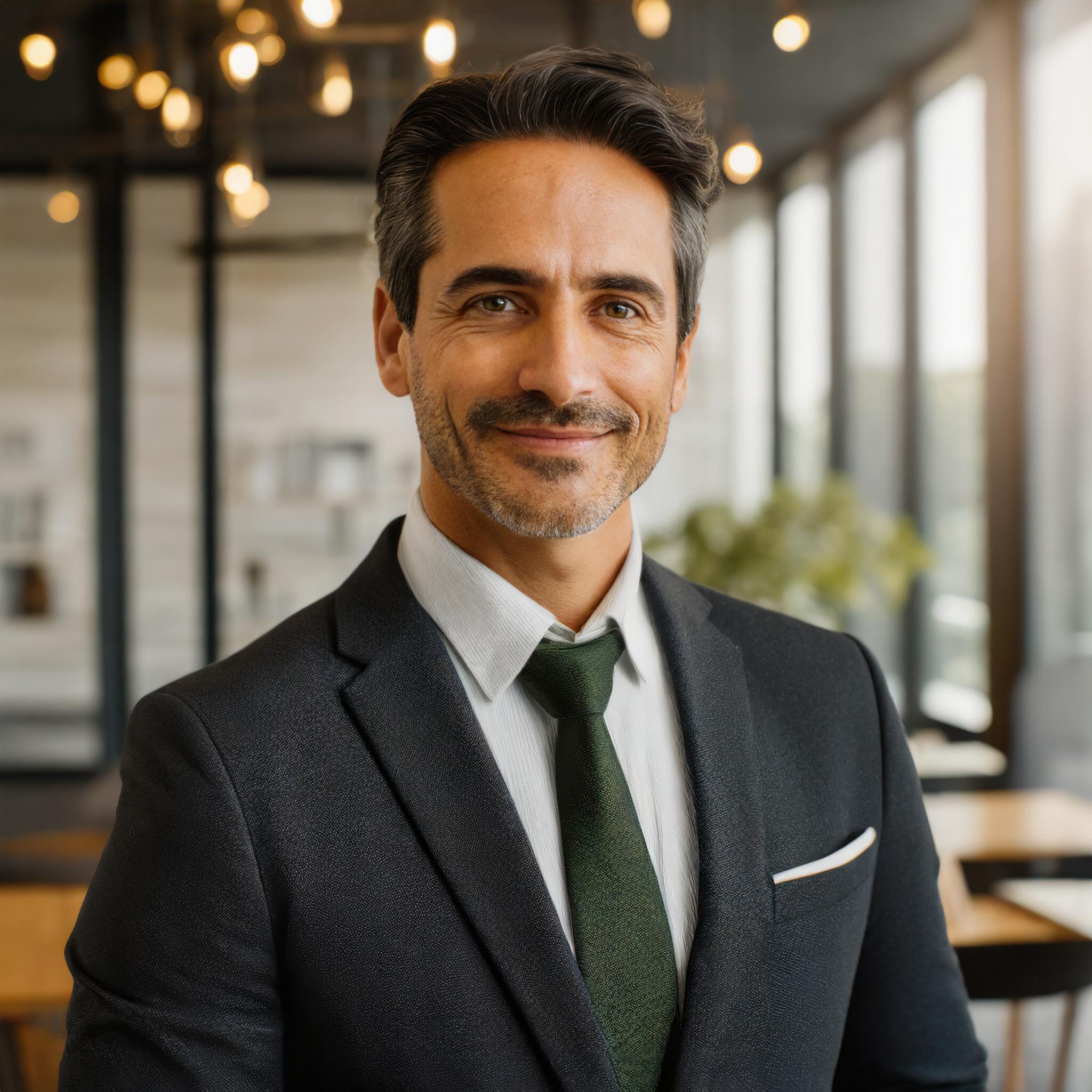 Mann in einem Business-Outfit, mit konzentriertem Blick