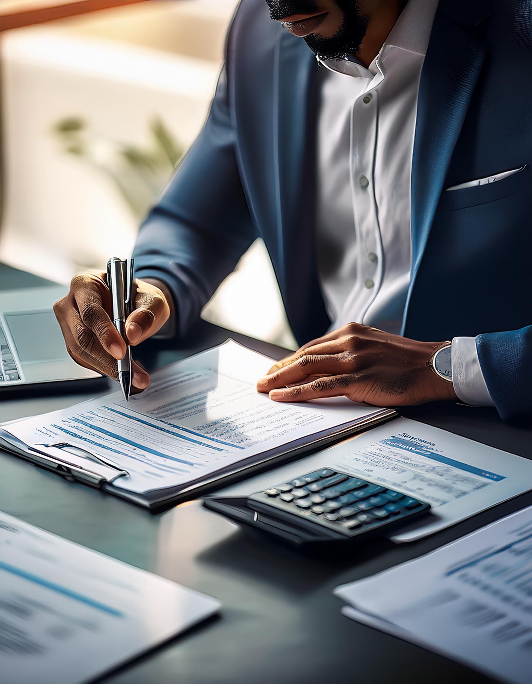 Moderner Steuerberater, der mit Mandanten spricht und Dokumente prüft